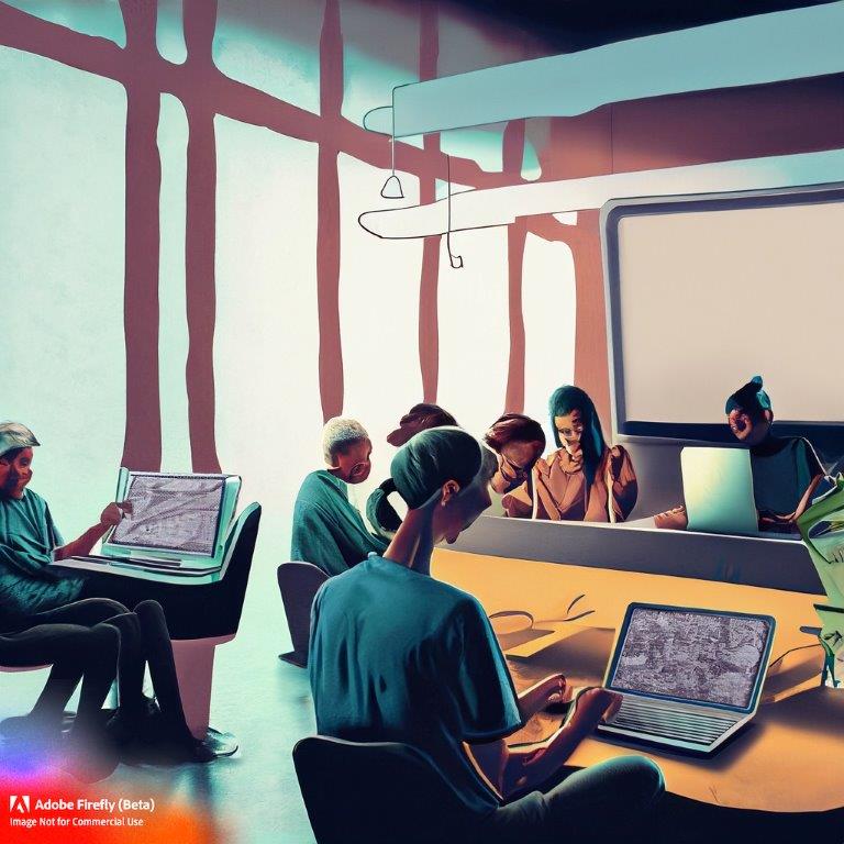 Mit KI erstelltes Bild, auf dem 8 Personen zu sehen sind, die am Computer arbeiten.